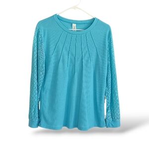Aqua Blue Waffle Long Sleeve Shirt Lace Geometric Thermal Colorful Crew Neck LG